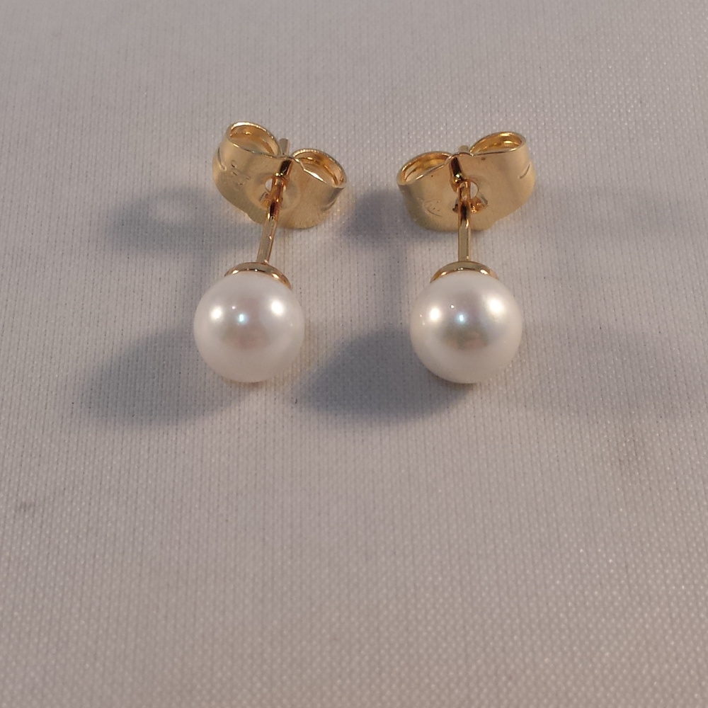 18K Yellow Gold Shell Pearl Bead Stud Earrings 6mm Women's Party Gift